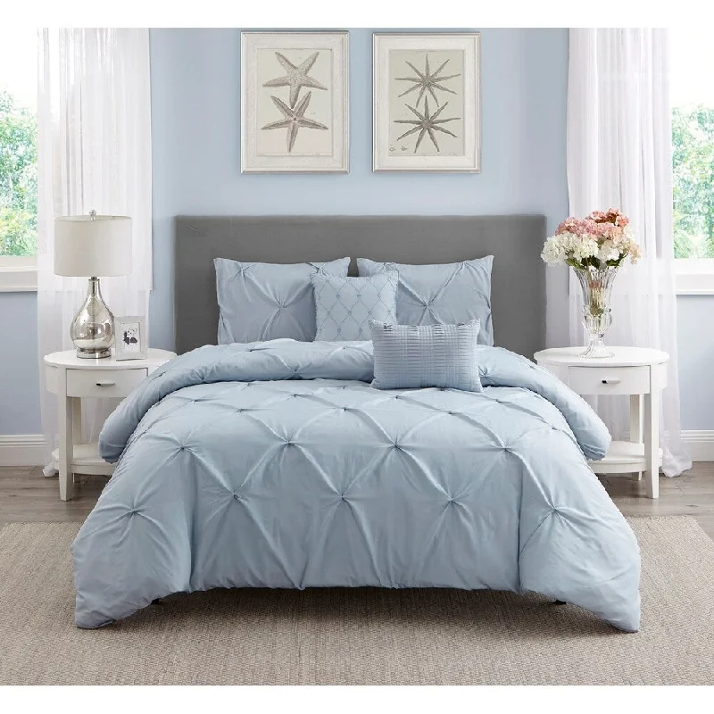 Wonder Home Mona 5 Piece Pleated Comforter Set, Queen, Light Blue