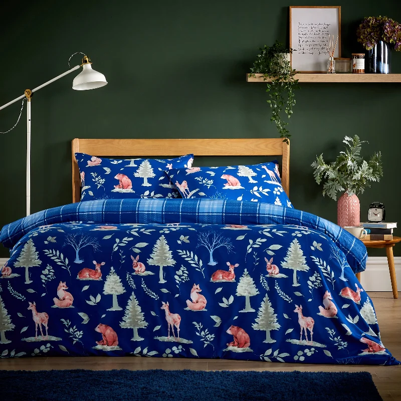 Woodland Navy Super Soft Flannel Duvet Cover Set with Pillowcases Warm & Cosy Quilt Bedding in Multiple Sizes Available by OLIVIA ROCCO